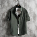 Men Plus Size Solid Green Short Sleeve Shirt Summer Cotton