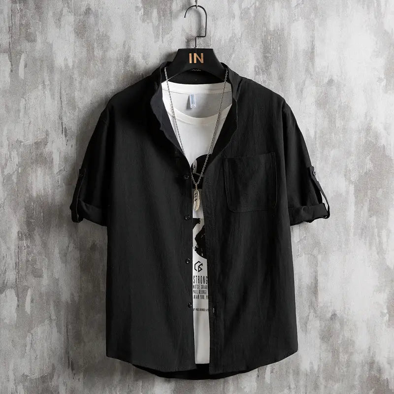 Men Plus Size Solid Green Short Sleeve Shirt Summer Cotton