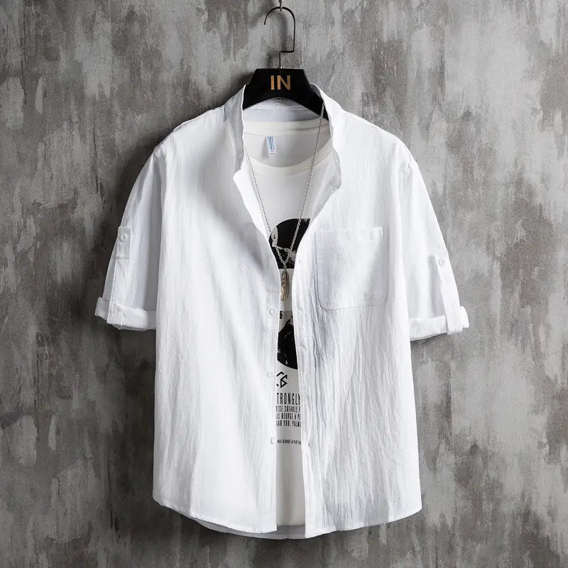 Men Plus Size Solid Green Short Sleeve Shirt Summer Cotton