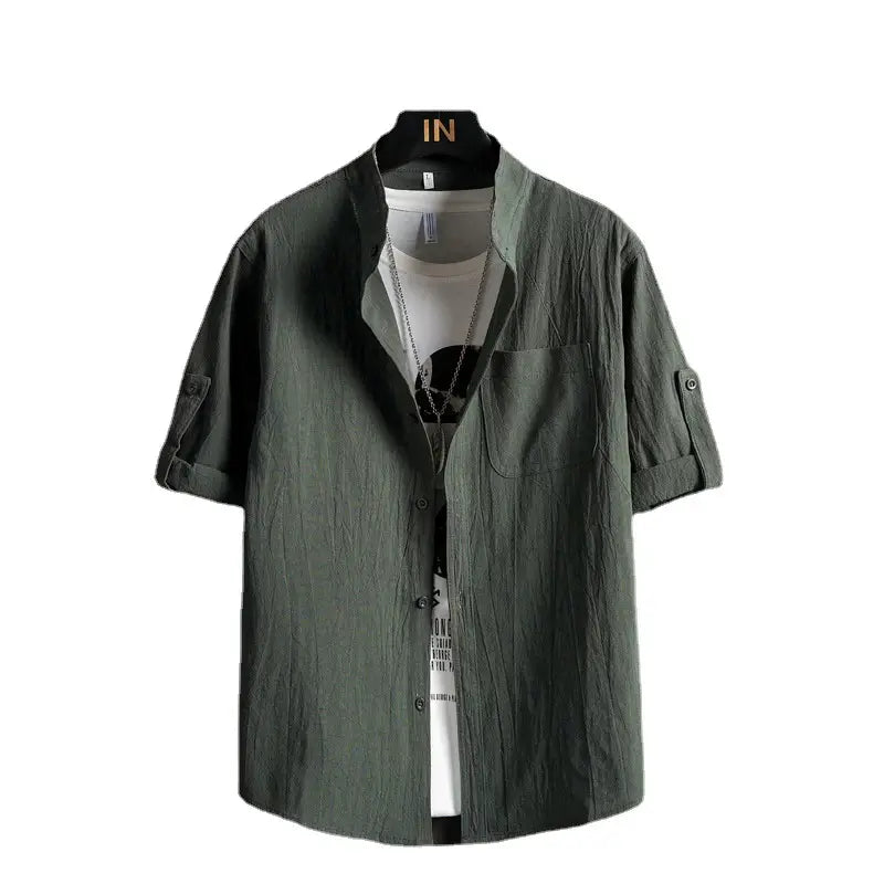 Men Plus Size Solid Green Short Sleeve Shirt Summer Cotton
