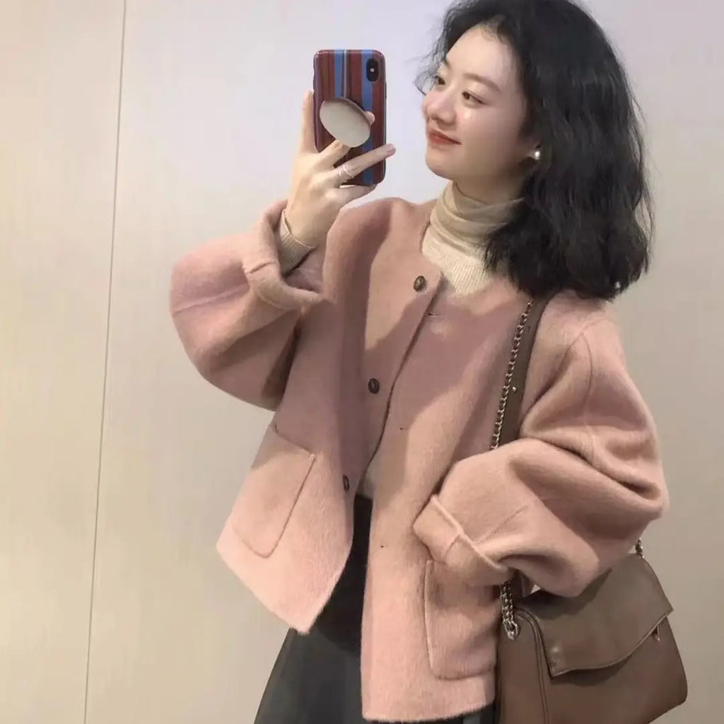 Pink Wool Coat Women Winter Korean Style