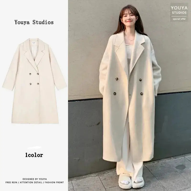 Women's Cream Woolen Double Breasted Coat Spring 2024
