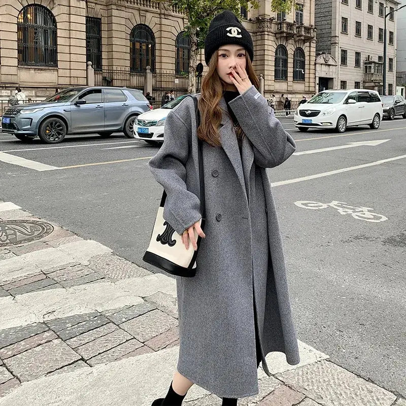 Women's Cream Woolen Double Breasted Coat Spring 2024
