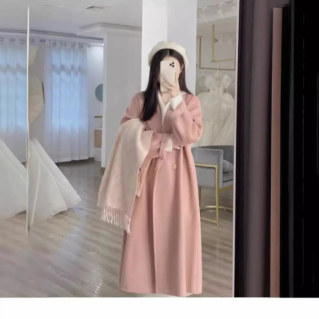 Women's Cream Woolen Double Breasted Coat Spring 2024