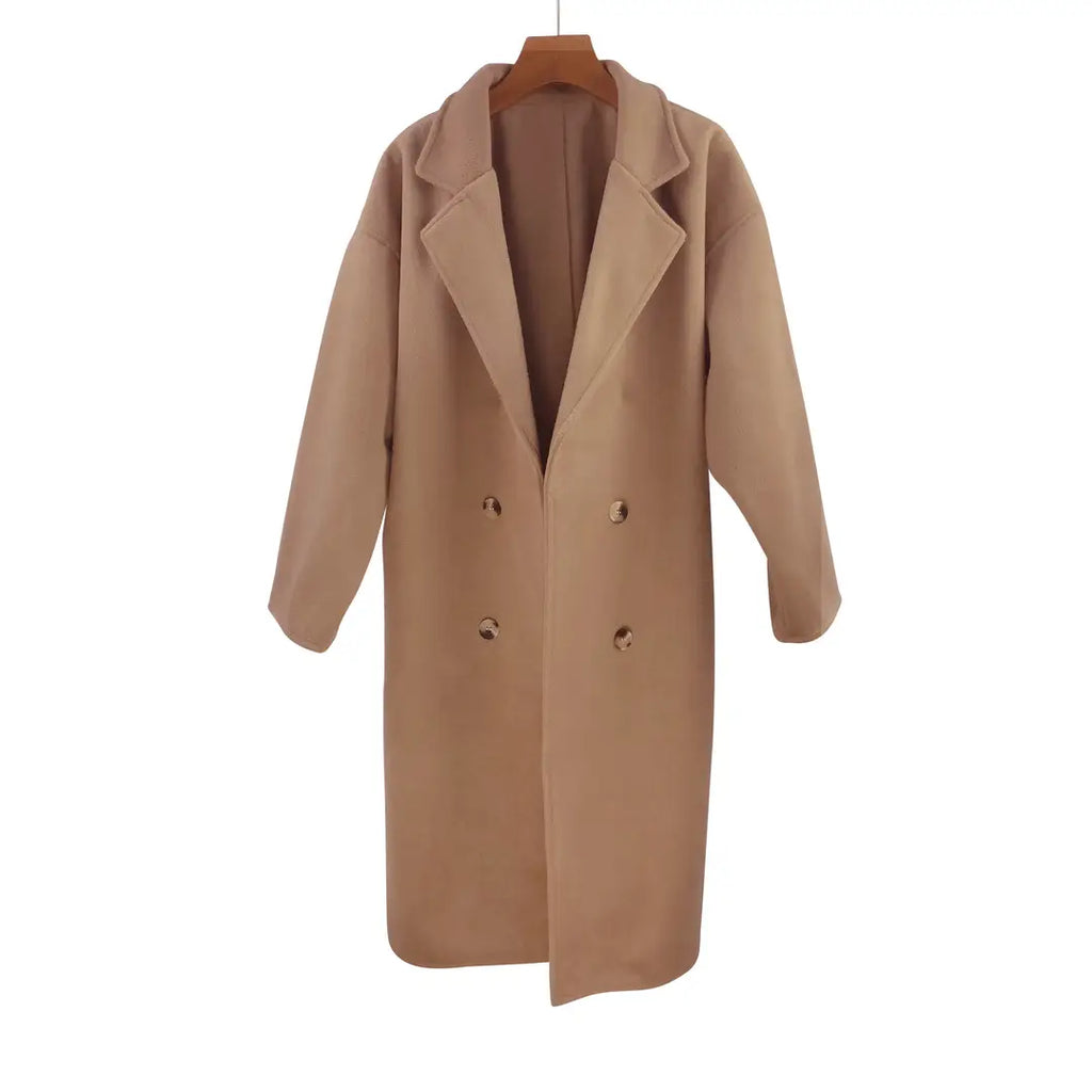 Women's Cream Woolen Double Breasted Coat Spring 2024