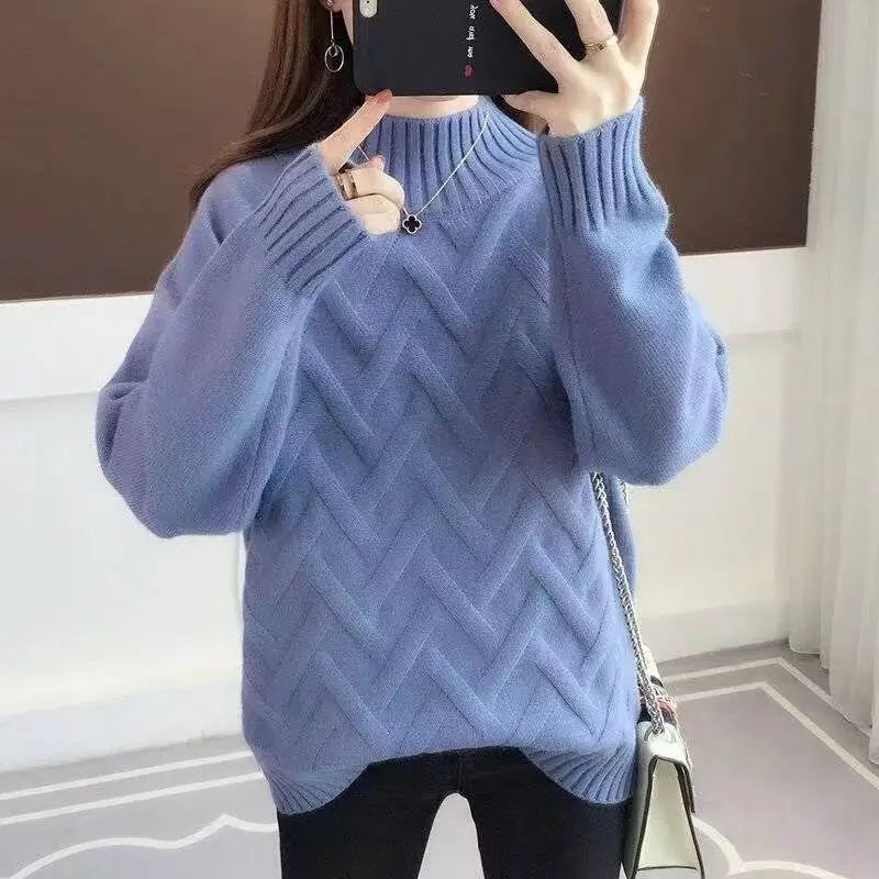 Women's Blue Chevron Knit Sweater Winter Warm Pullover