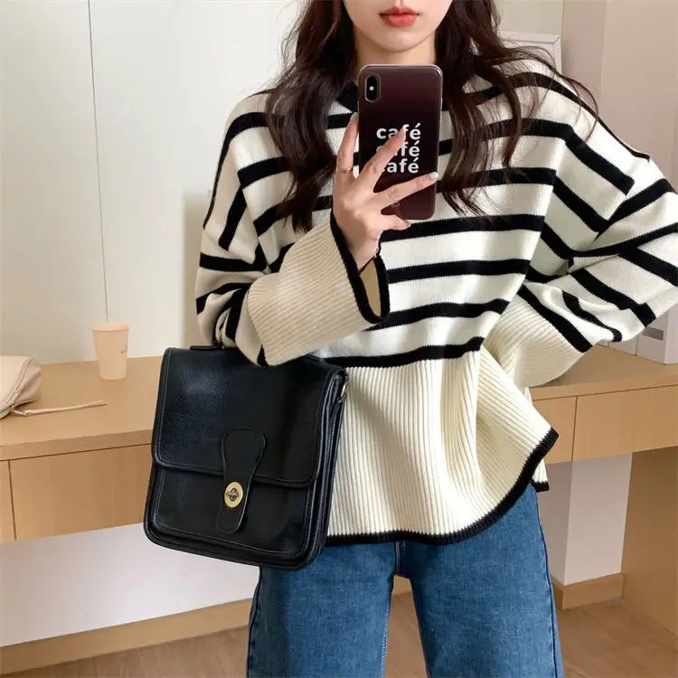 Women Loose Stitched Striped Sweater Winter Casual