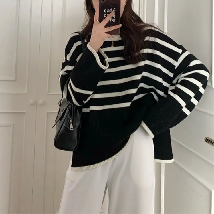 Women Loose Stitched Striped Sweater Winter Casual