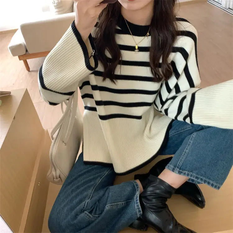 Women Loose Stitched Striped Sweater Winter Casual