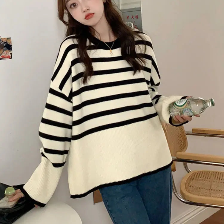 Women Loose Stitched Striped Sweater Winter Casual