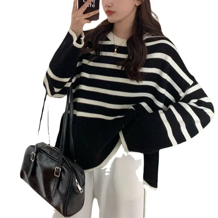 Women Loose Stitched Striped Sweater Winter Casual