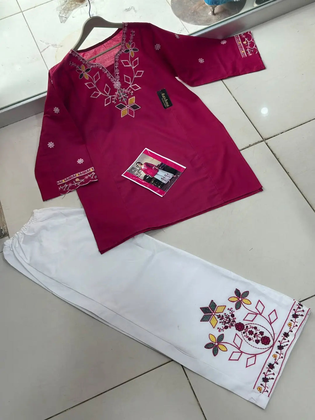 2 Pcs Women's Stitched Cotton Embroidered Shirt And Trouser