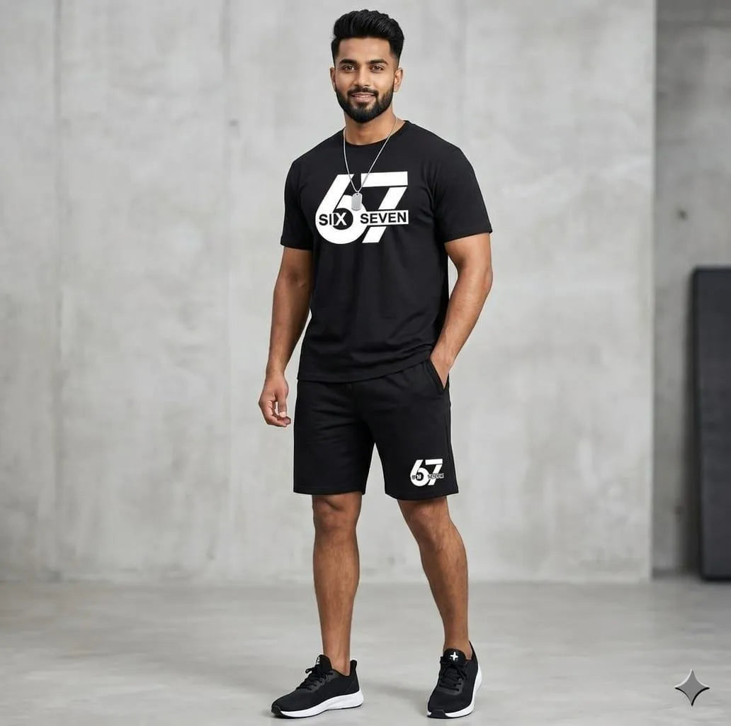 2 Pcs Men's Polyester Printed T-Shirt & Shorts Tracksuit