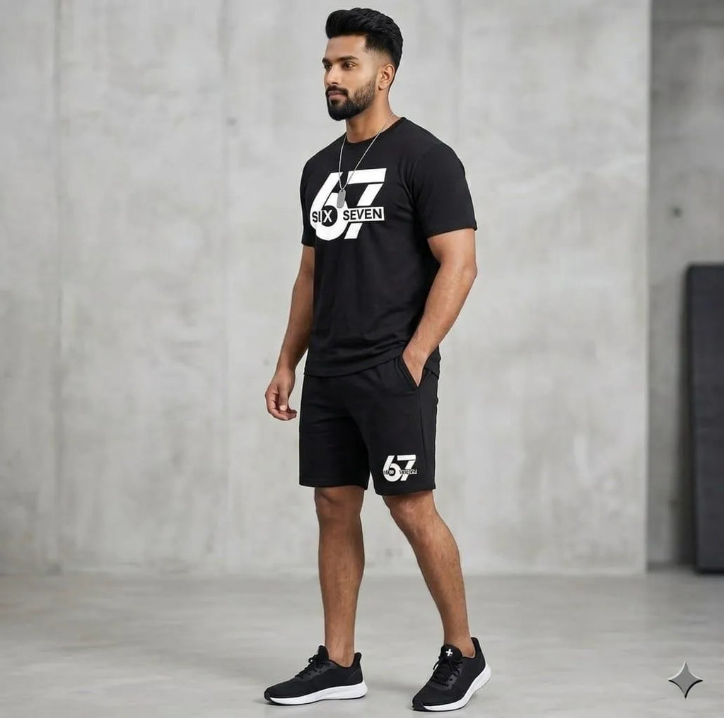 2 Pcs Men's Polyester Printed T-Shirt & Shorts Tracksuit