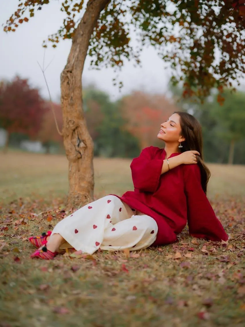 2 Pcs Women Linen Suit Maroon V Neck Embroidered Trouser