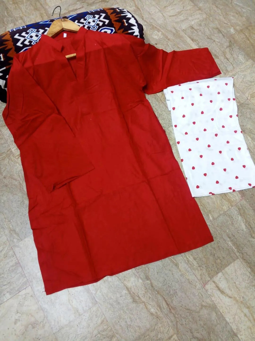 2 Pcs Women Linen Suit Maroon V Neck Embroidered Trouser