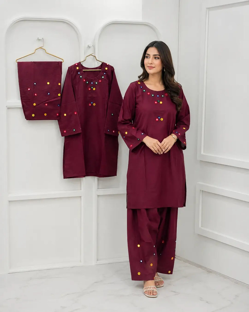 2Pcs Women's Stitched Cotton Lawn Hand Work Shirt And Trouser with Mirror work