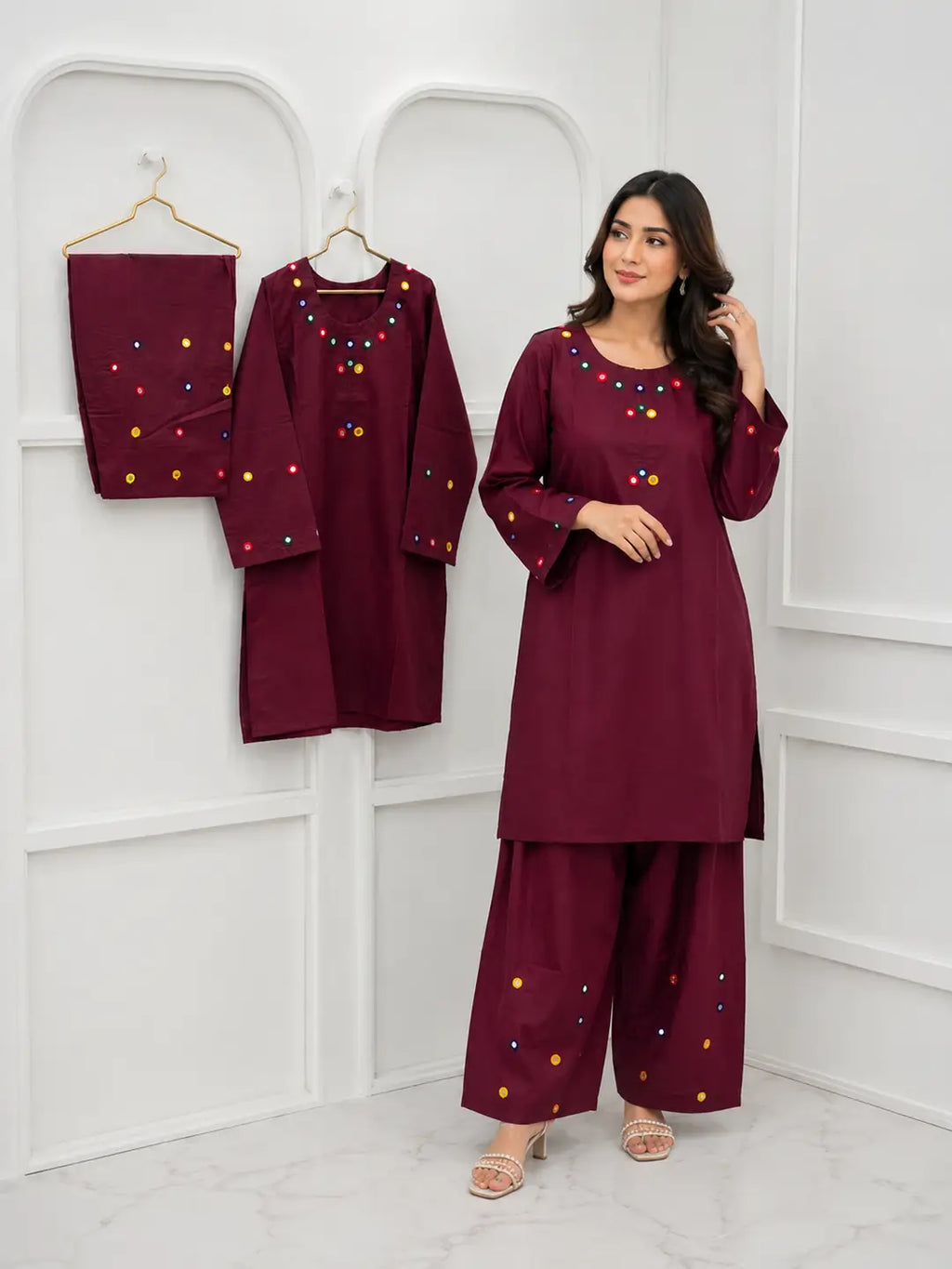 2Pcs Women's Stitched Cotton Lawn Hand Work Shirt And Trouser with Mirror work