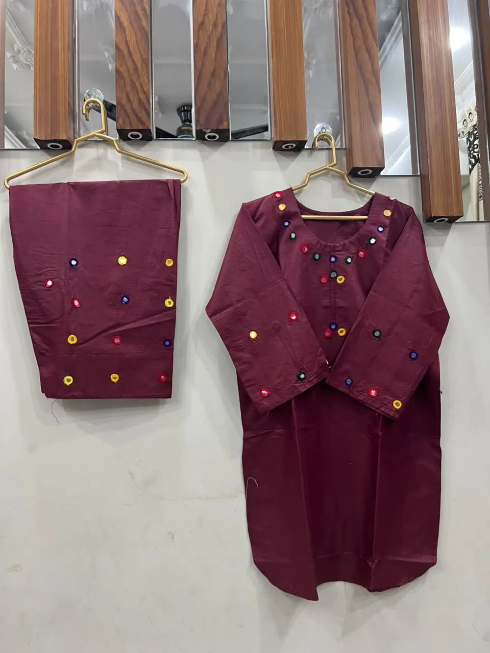 2Pcs Women's Stitched Cotton Lawn Hand Work Shirt And Trouser with Mirror work