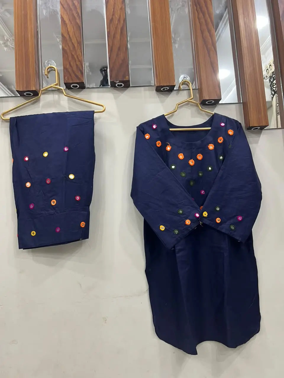2Pcs Women's Stitched Cotton Lawn Hand Work Shirt And Trouser with Mirror work