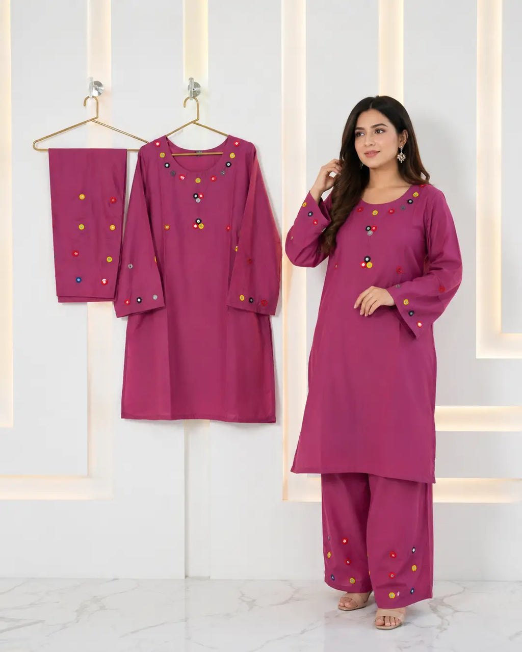 2Pcs Women's Stitched Cotton Lawn Hand Work Shirt And Trouser with Mirror work