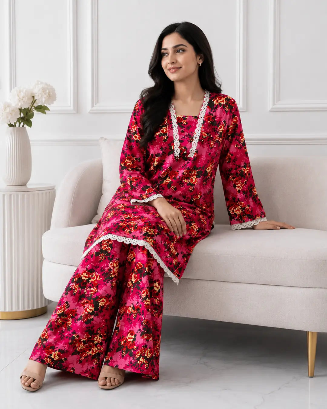 2 Pcs Women's Stitched winter Cotton Printed Long Shirt And Trouser