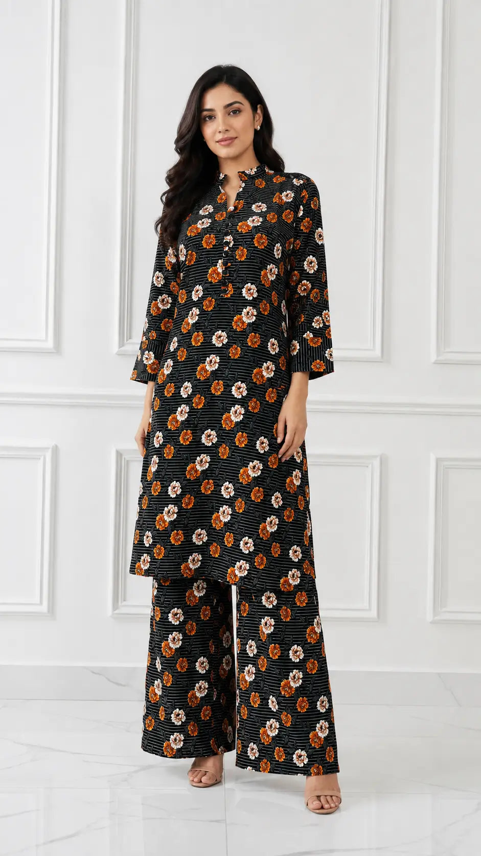 2 Pcs Women's Stitched winter Cotton Printed Long Shirt And Trouser