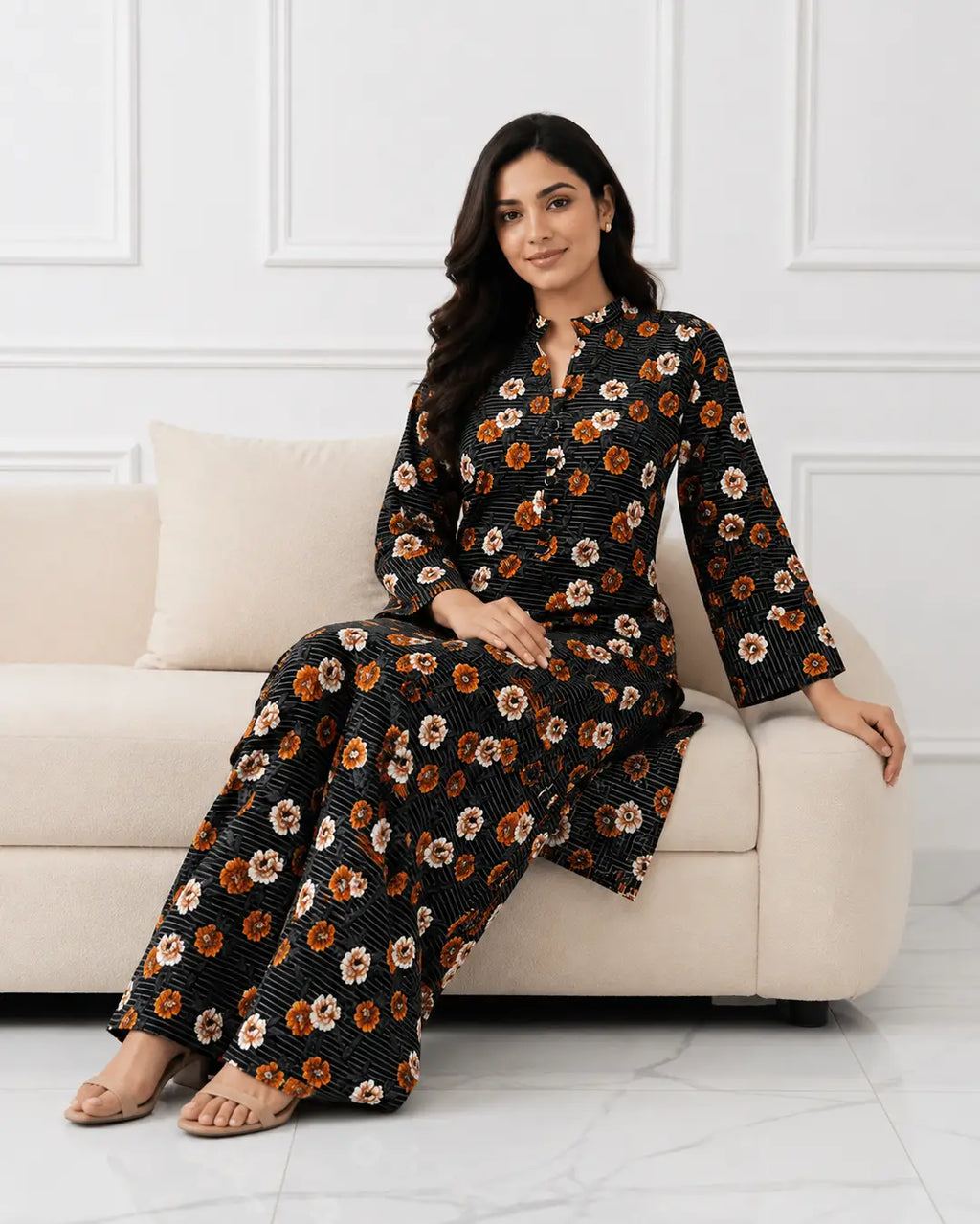2 Pcs Women's Stitched winter Cotton Printed Long Shirt And Trouser