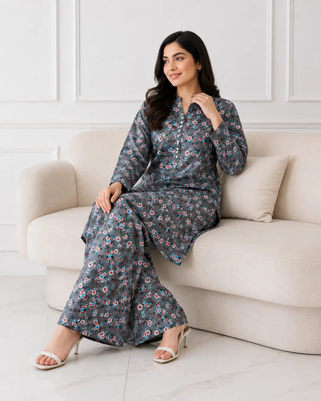 2 Pcs Women's Stitched winter Cotton Printed Long Shirt And Trouser