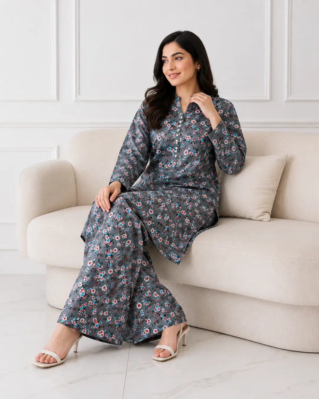 2 Pcs Women's Stitched winter Cotton Printed Long Shirt And Trouser