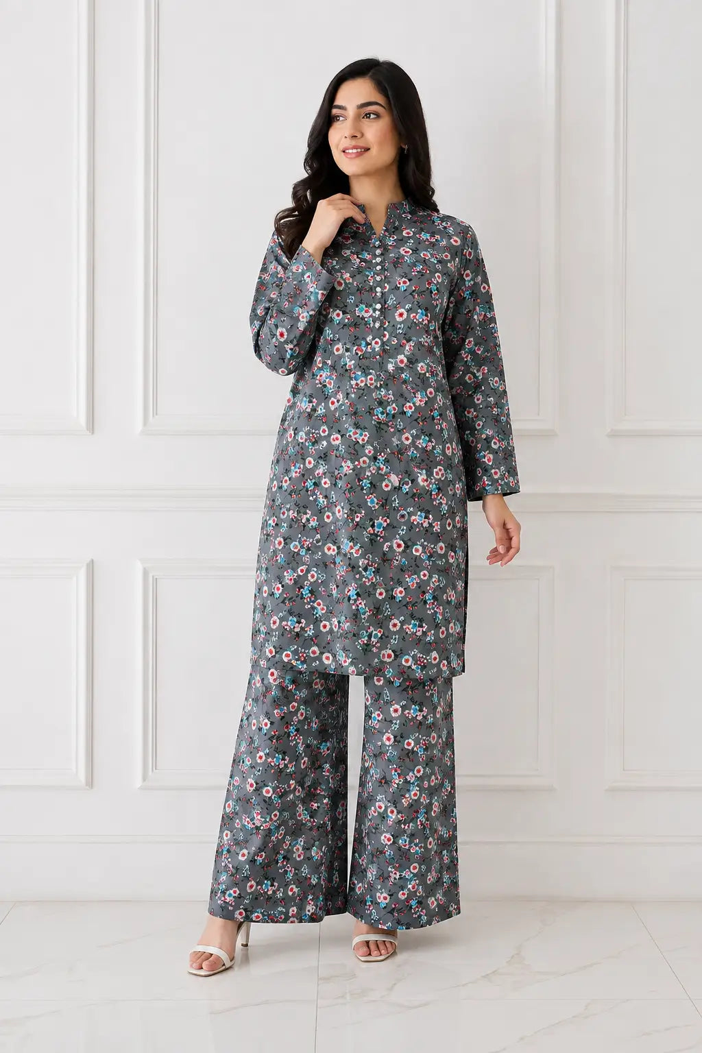 2 Pcs Women's Stitched winter Cotton Printed Long Shirt And Trouser