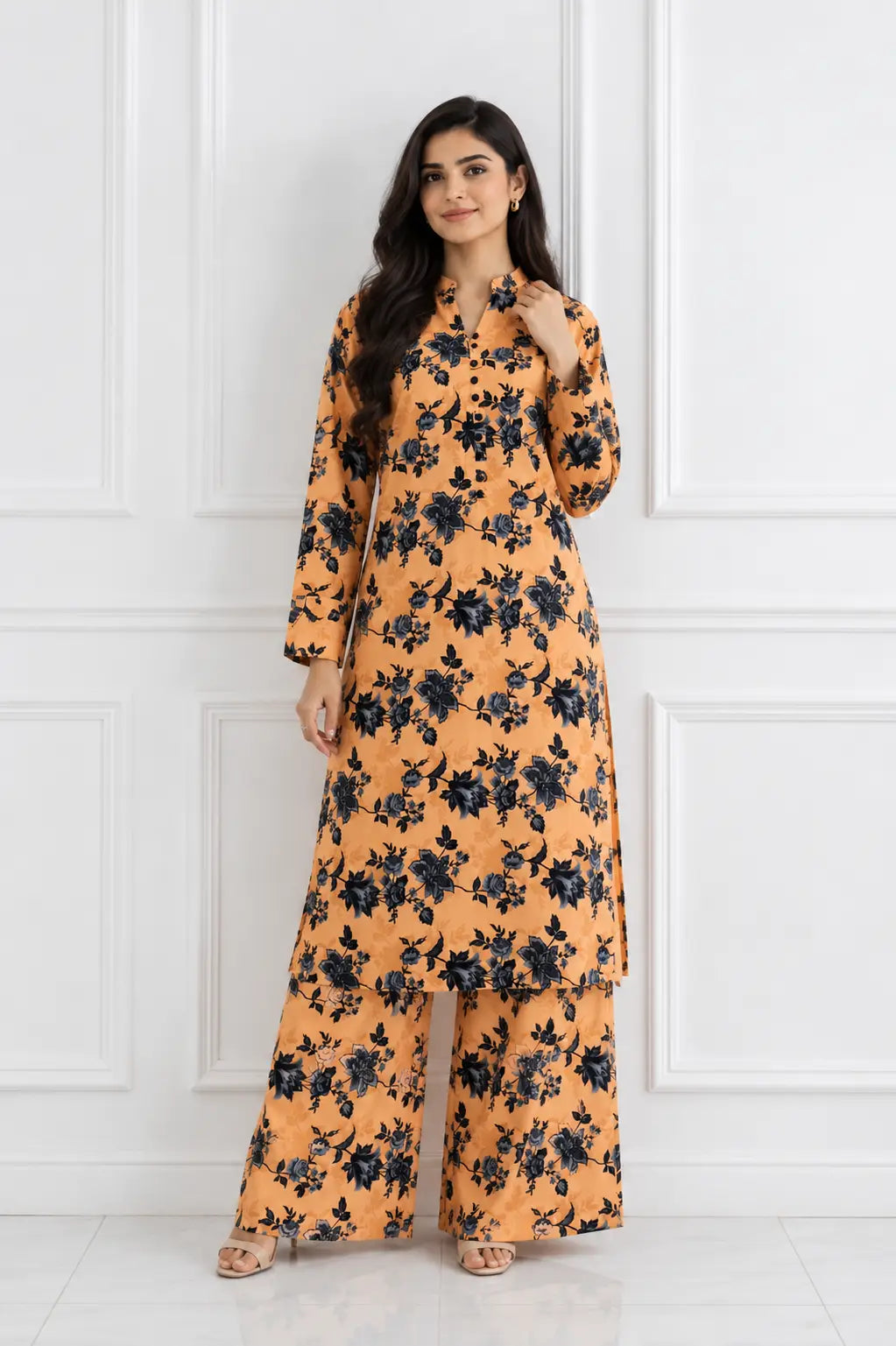 2 Pcs Women's Stitched winter Cotton Printed Long Shirt And Trouser