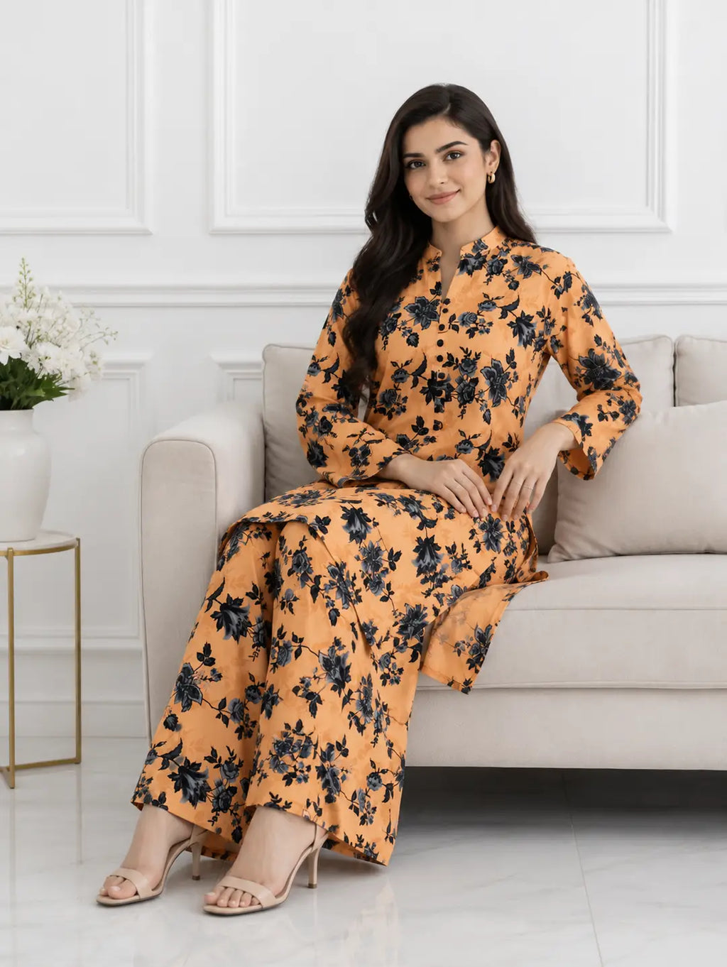 2 Pcs Women's Stitched winter Cotton Printed Long Shirt And Trouser