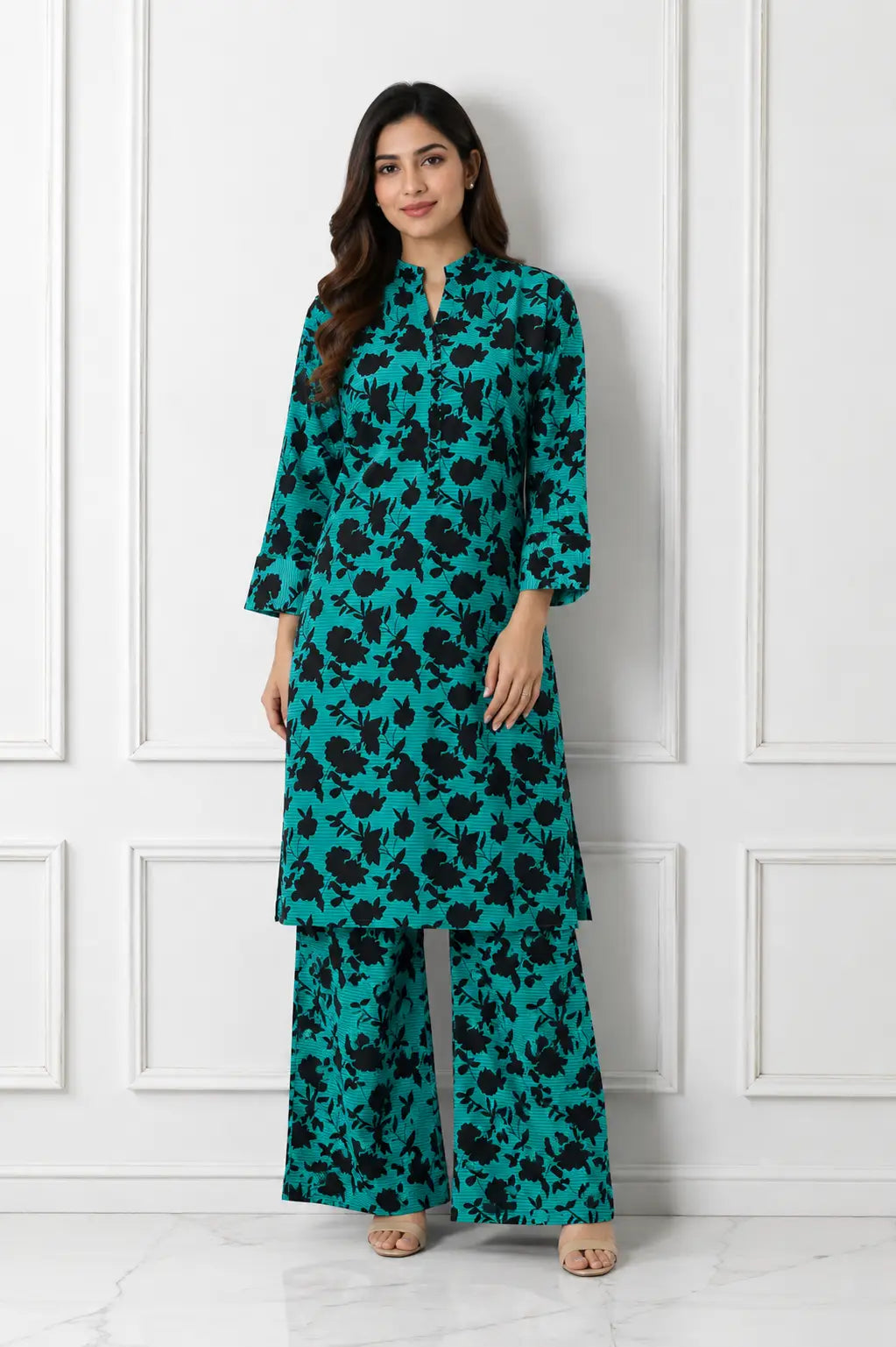 2 Pcs Women's Stitched winter Cotton Printed Long Shirt And Trouser