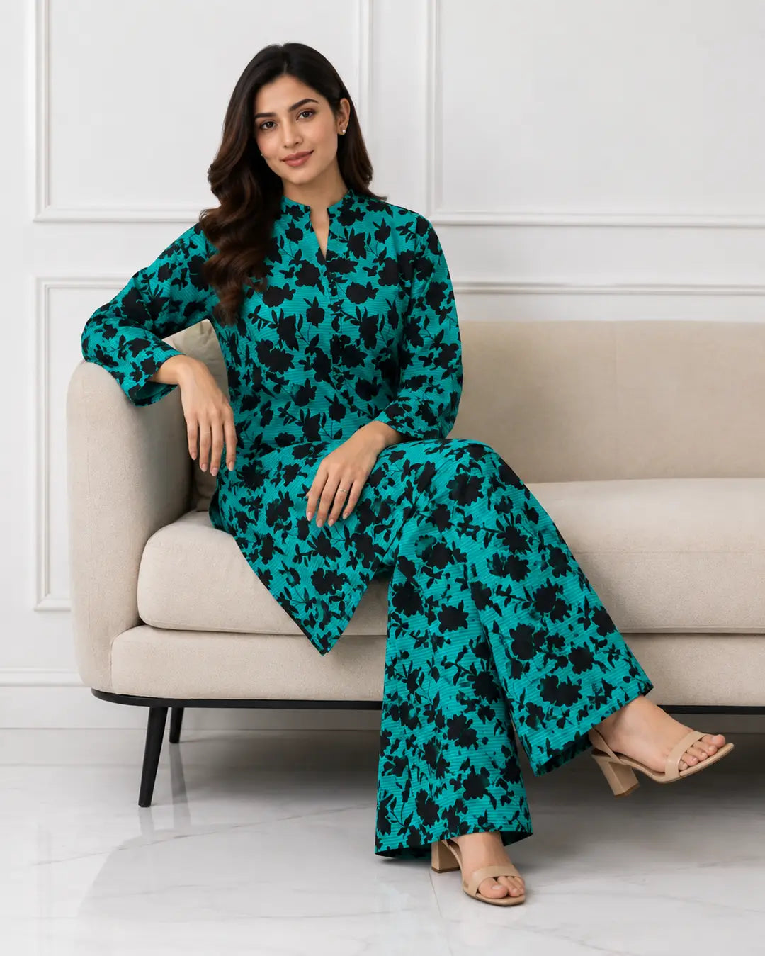 2 Pcs Women's Stitched winter Cotton Printed Long Shirt And Trouser
