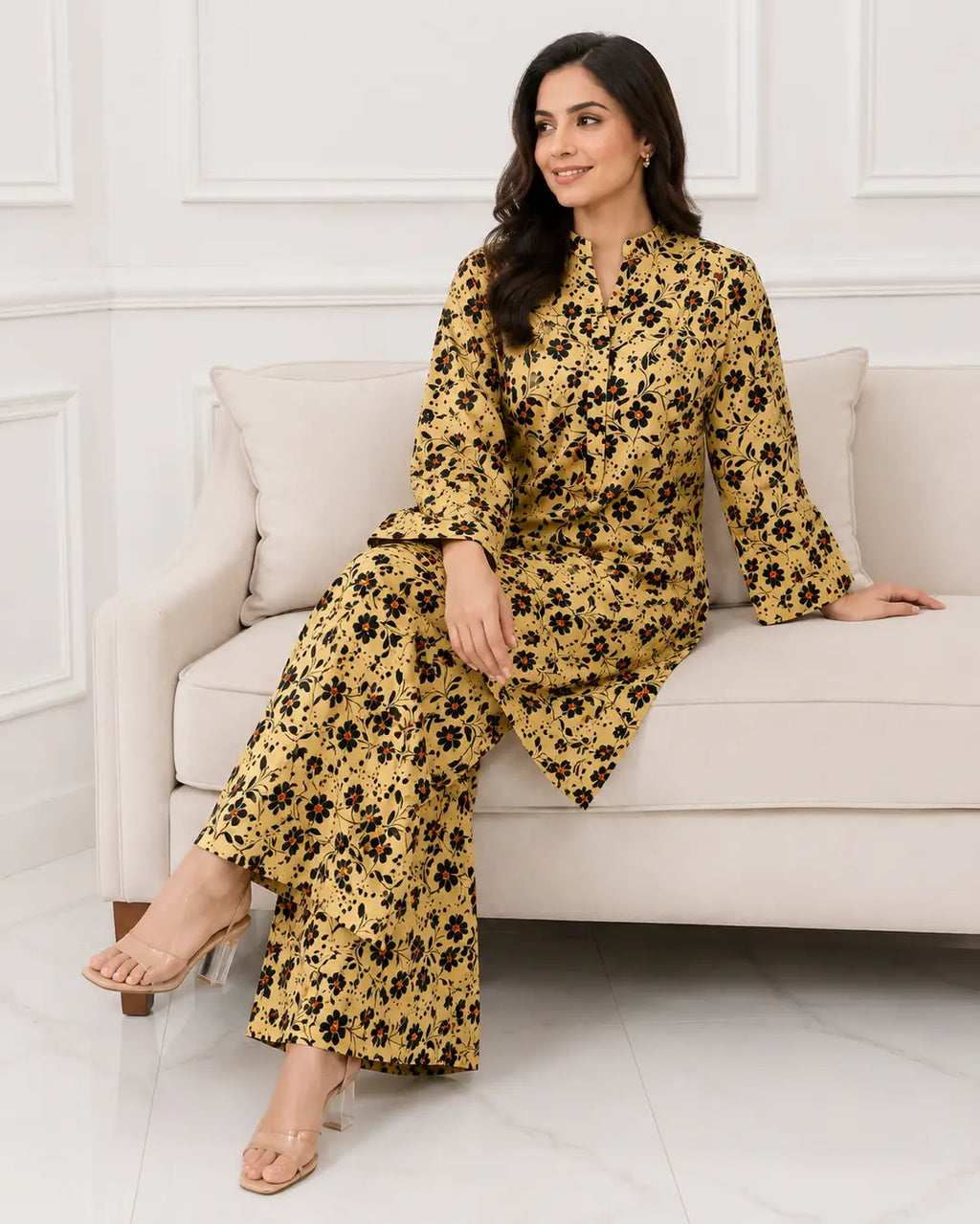 2 Pcs Women's Stitched winter Cotton Printed Long Shirt And Trouser