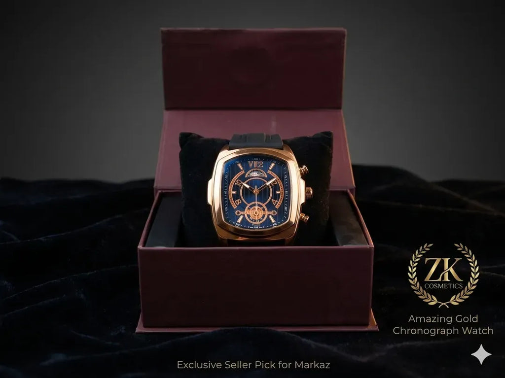 Luxury Gold Chronograph Watch with Blue Dial