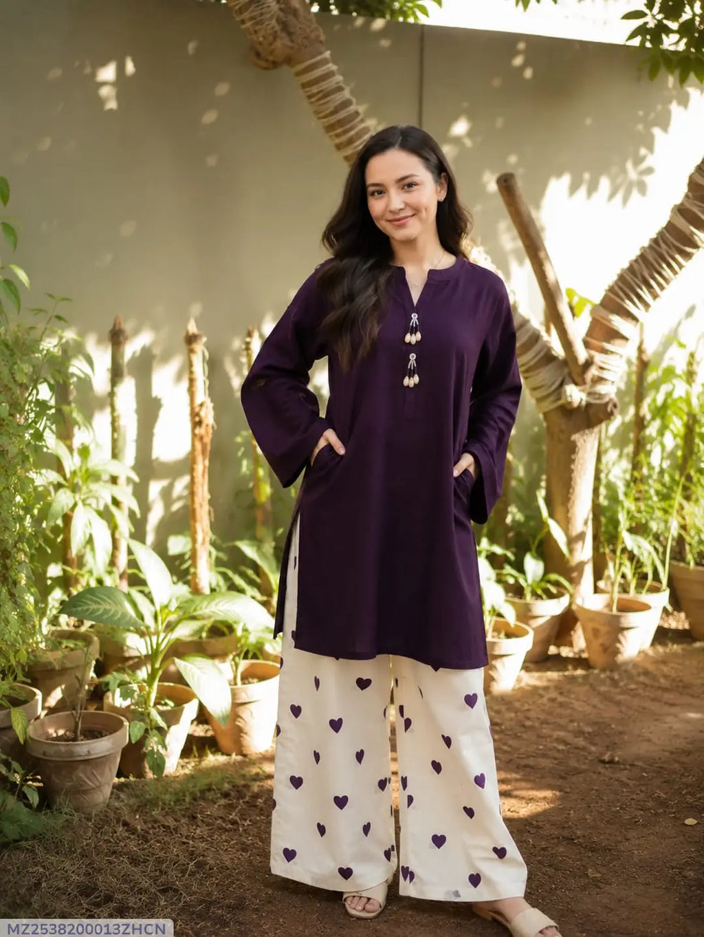 2 Pcs Women's Stitched Cotton Plain Shirt And Trouser