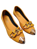 Women's Yellow Synthetic Leather Flat Pumps with Gold Chain Detail