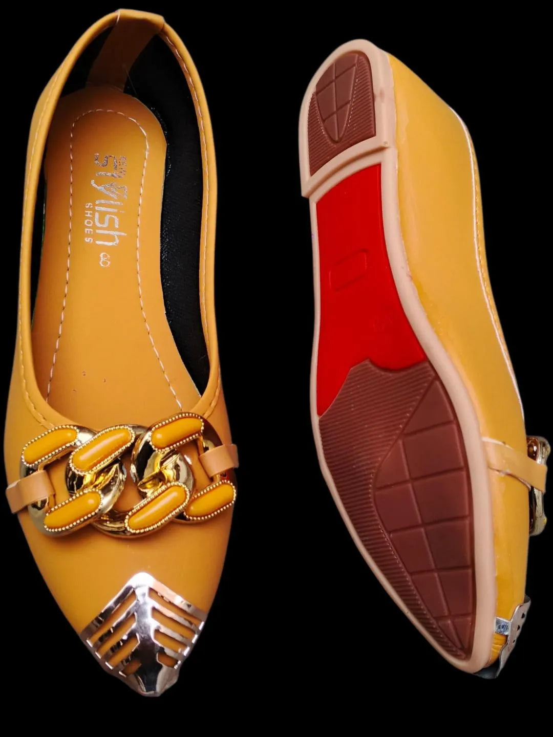 Women's Yellow Synthetic Leather Flat Pumps with Gold Chain Detail