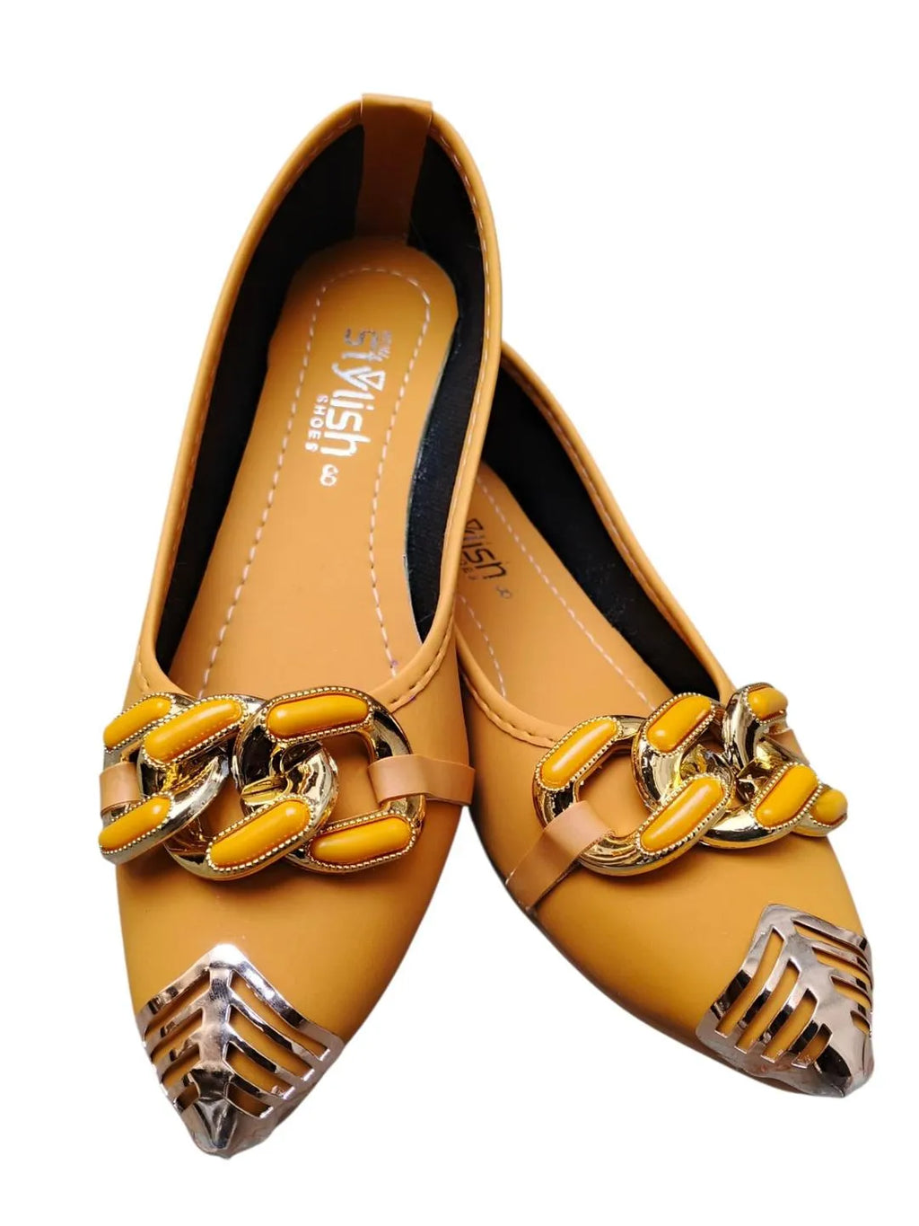 Women's Yellow Synthetic Leather Flat Pumps with Gold Chain Detail