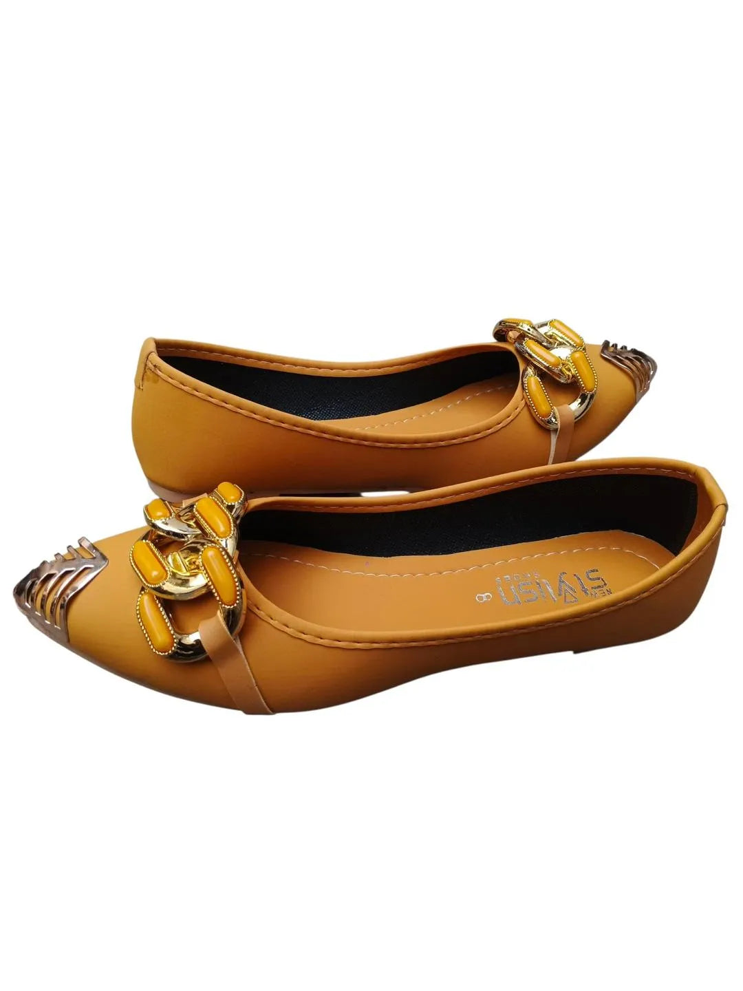Women's Yellow Synthetic Leather Flat Pumps with Gold Chain Detail
