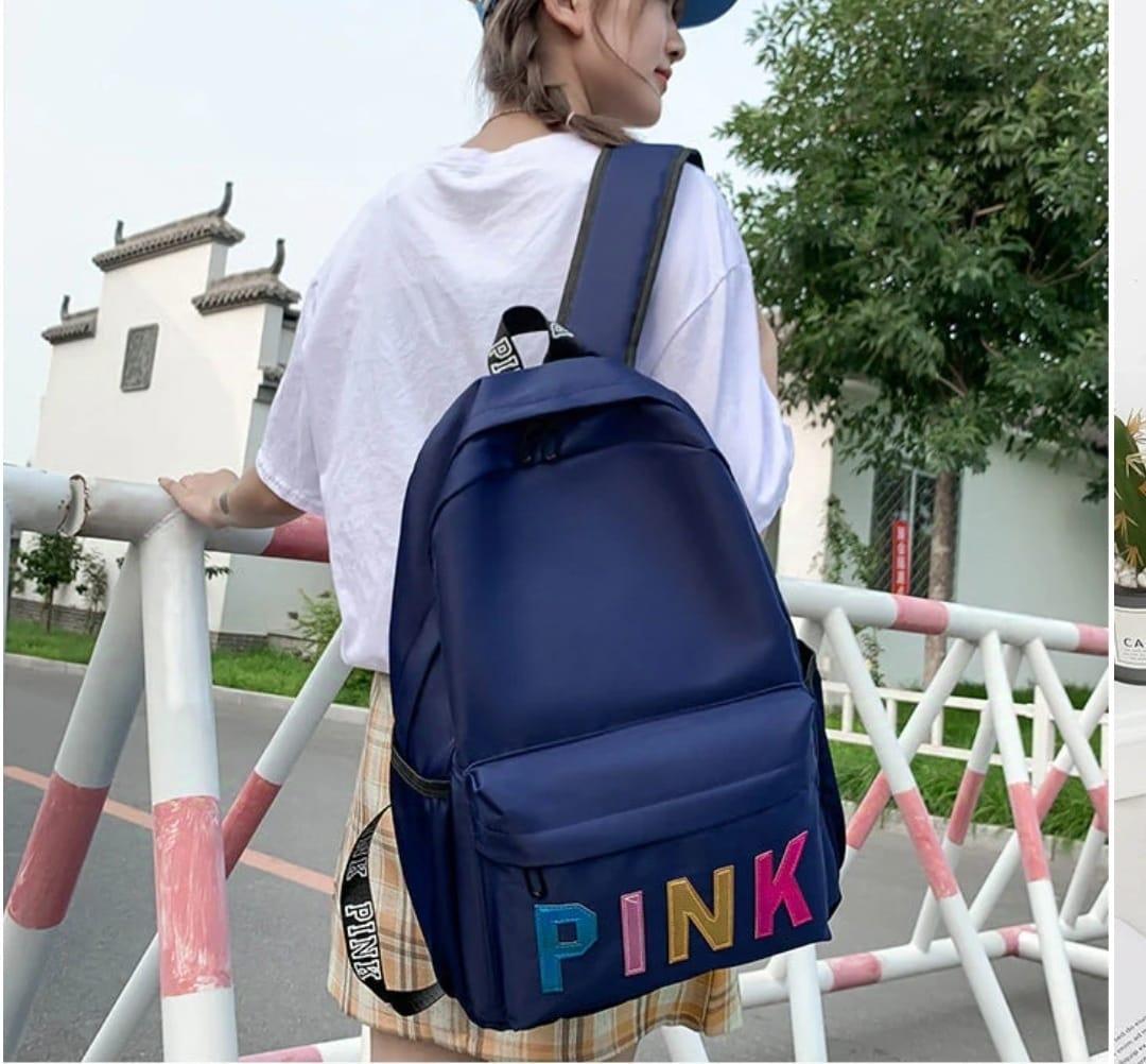 Blue Nylon Printed Girl's Backpack with PINK Design