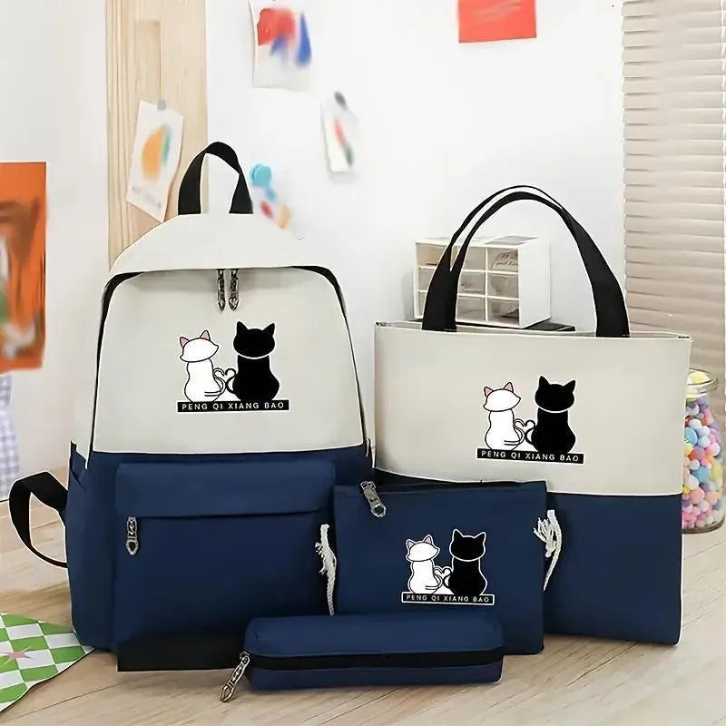 Cat Print 4-Piece Pink Backpack Set for Students Office