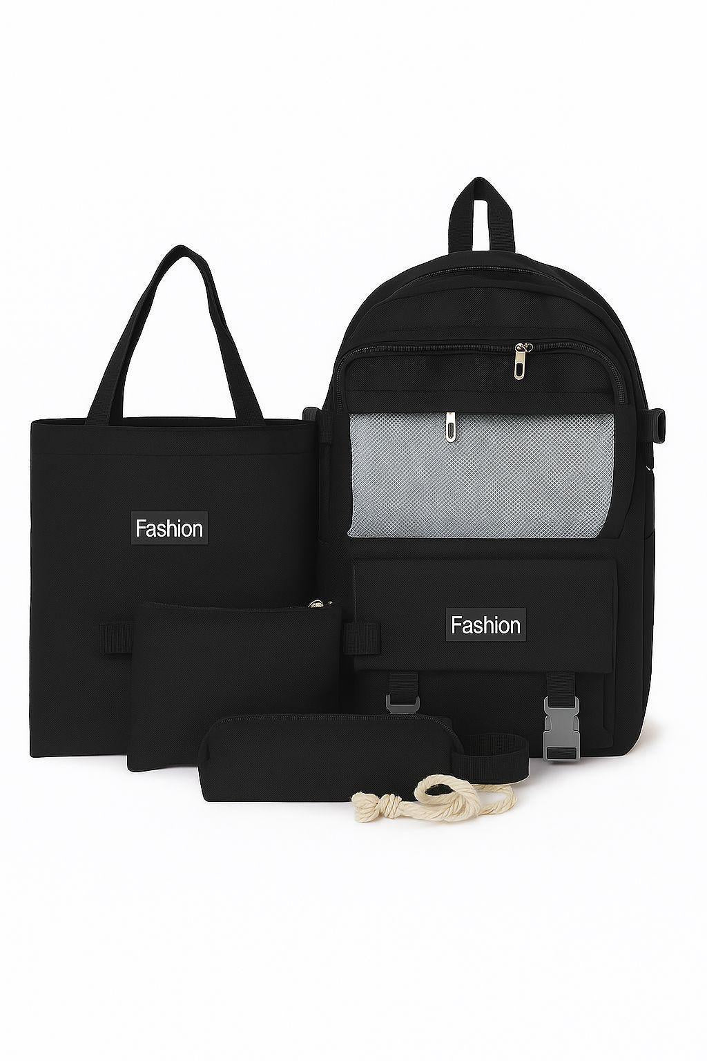 4 Pcs Black Nylon Travel Backpack Set with Pouch