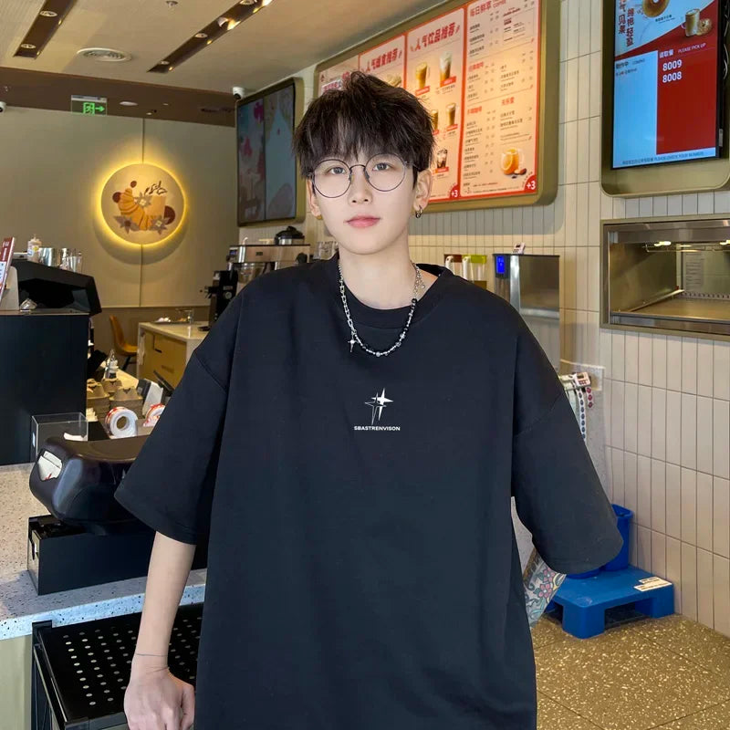 Men's Oversized T-shirts 5XL Fashion White Cotton T Shirt for Men Casual Summer Wear Star Print Tee Shirts Men Clothing