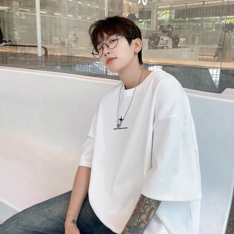 Men's Oversized T-shirts 5XL Fashion White Cotton T Shirt for Men Casual Summer Wear Star Print Tee Shirts Men Clothing