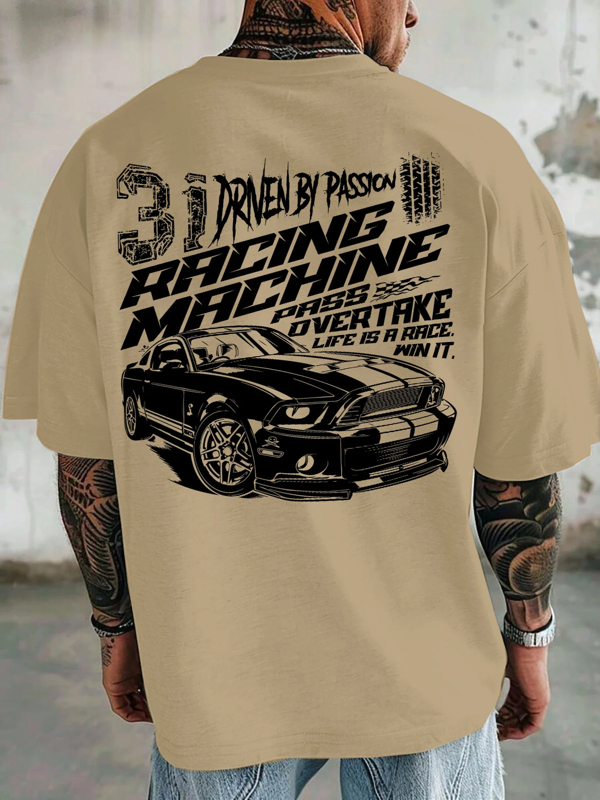 Men Oversized T-Shirt Mustang Racing Car Back Print Tee Racing Machine Streetwear Unisex Pink Summer Short Sleeve Top