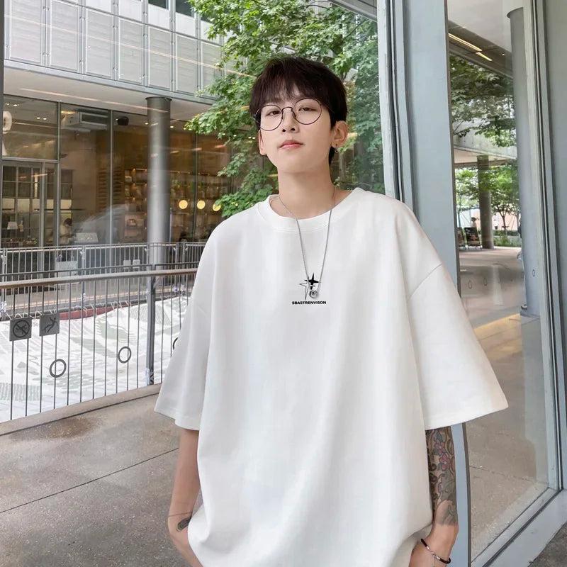Men's Oversized T-shirts 5XL Fashion White Cotton T Shirt for Men Casual Summer Wear Star Print Tee Shirts Men Clothing