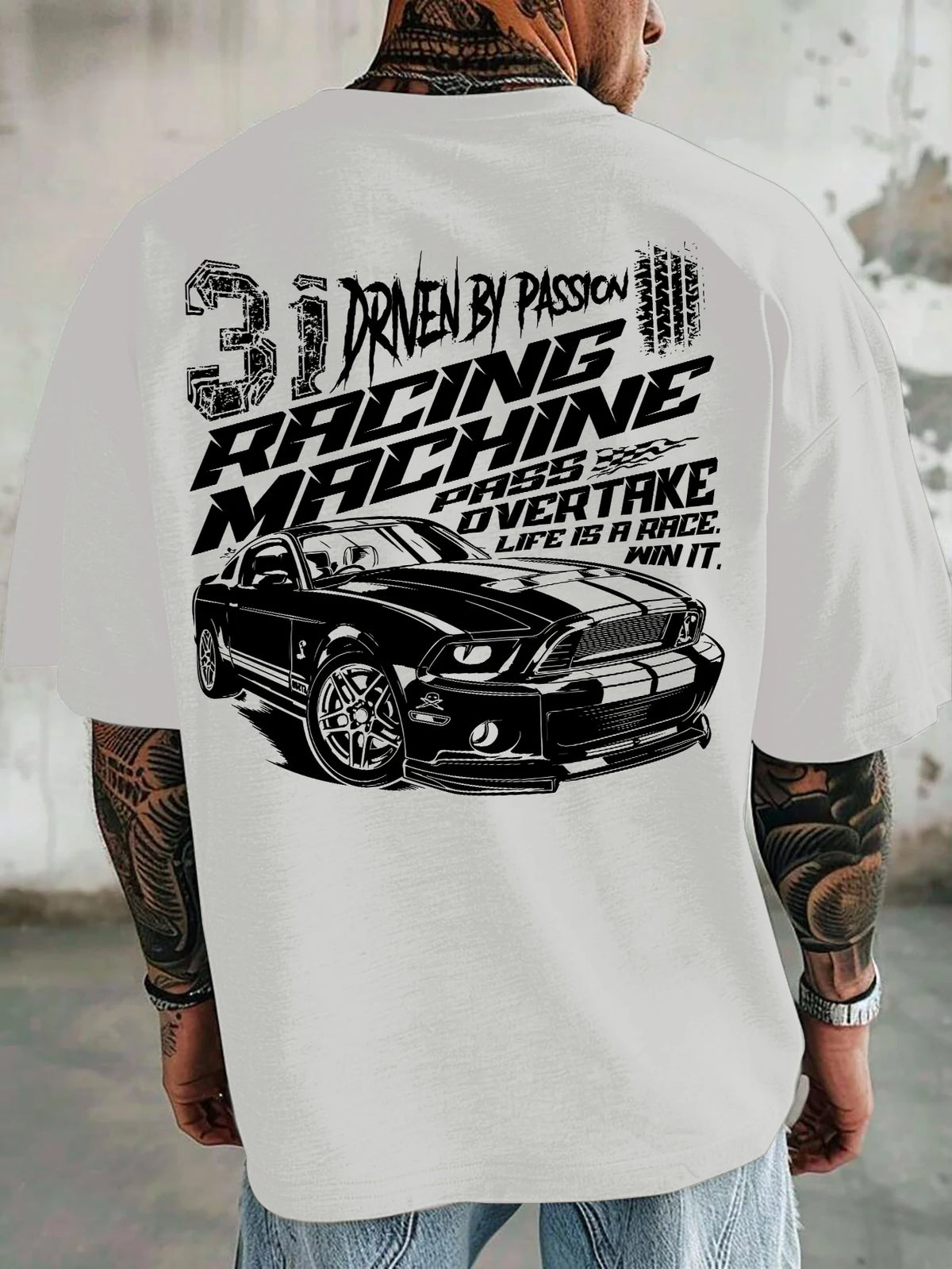 Men Oversized T-Shirt Mustang Racing Car Back Print Tee Racing Machine Streetwear Unisex Pink Summer Short Sleeve Top